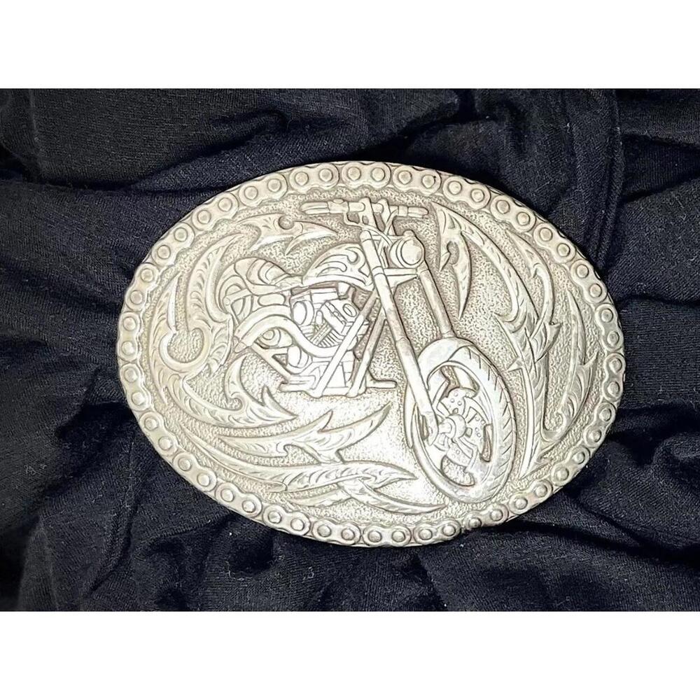Vtg Crumrine Belt Buckle Western Biker Motorcycle Silver Metal Oval Shape